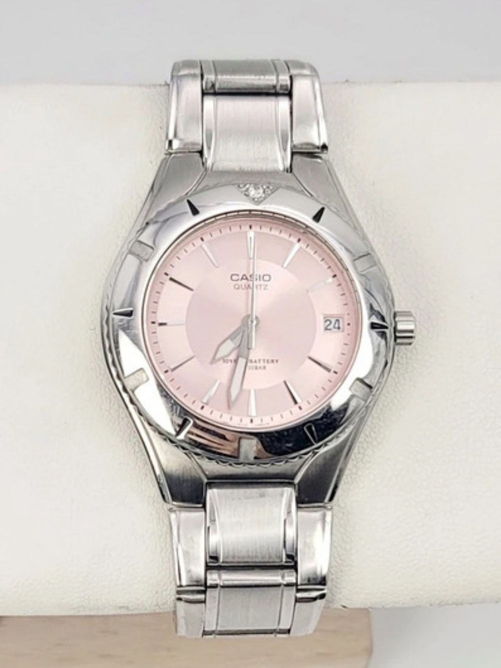 Vintage Casio LTD-1035 Women's Quartz Watch Pink Dial 100M Stainless Steel